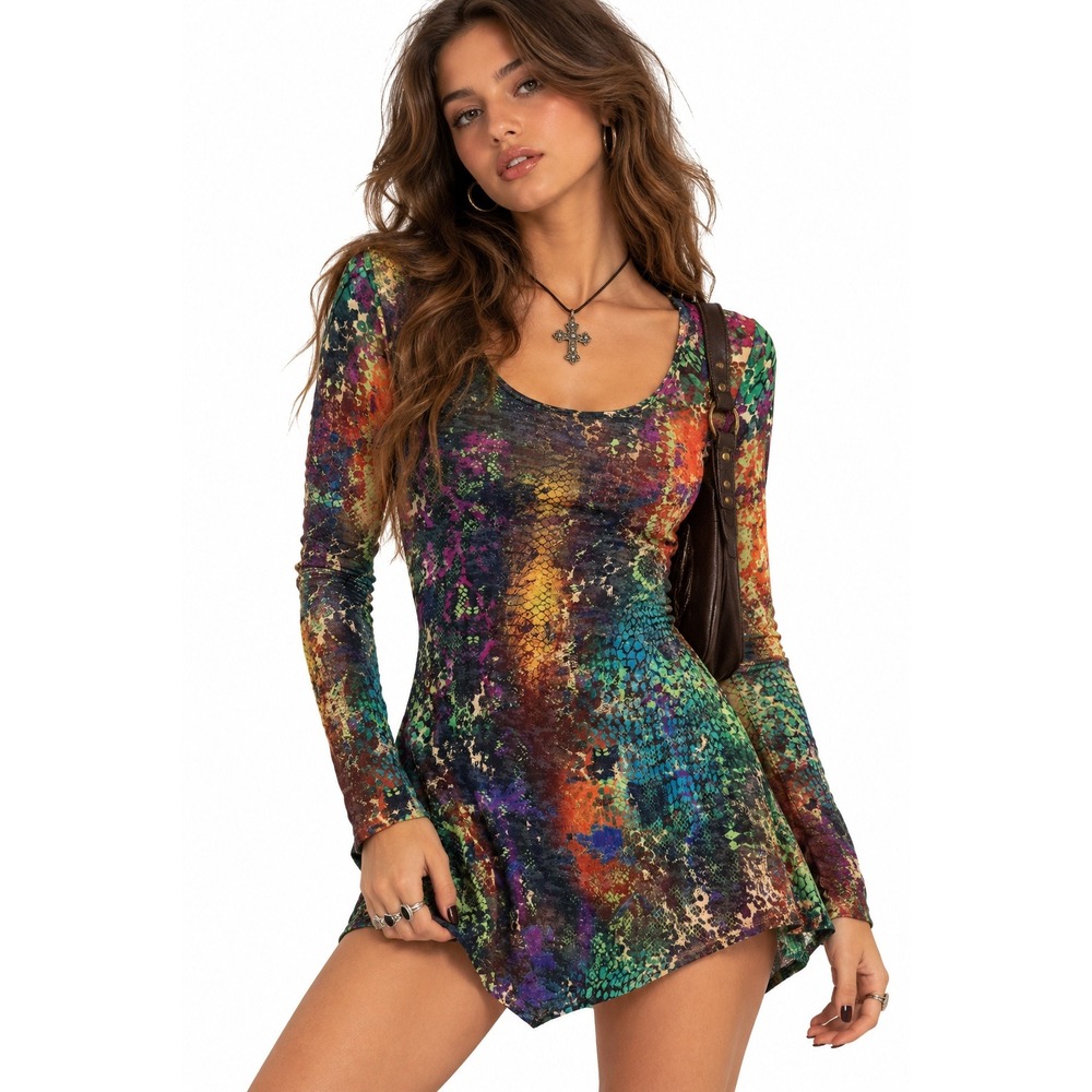 Y2K Amma Snakeskin Print Mini Dress XL Tunic Top Fairy Grunge Rainbow Multicolor